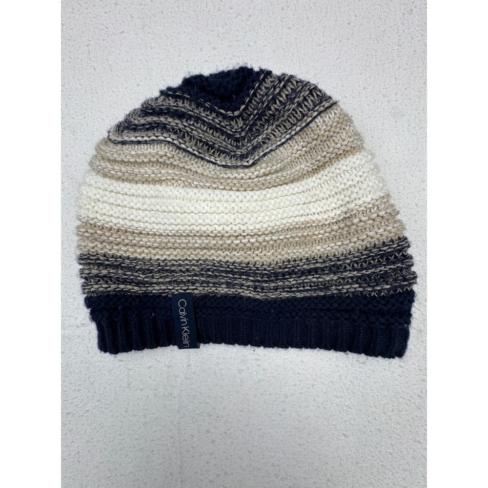 Calvin Klein Beanie Hat Mens OS Navy Blue Cream Striped‎ Knit Winter